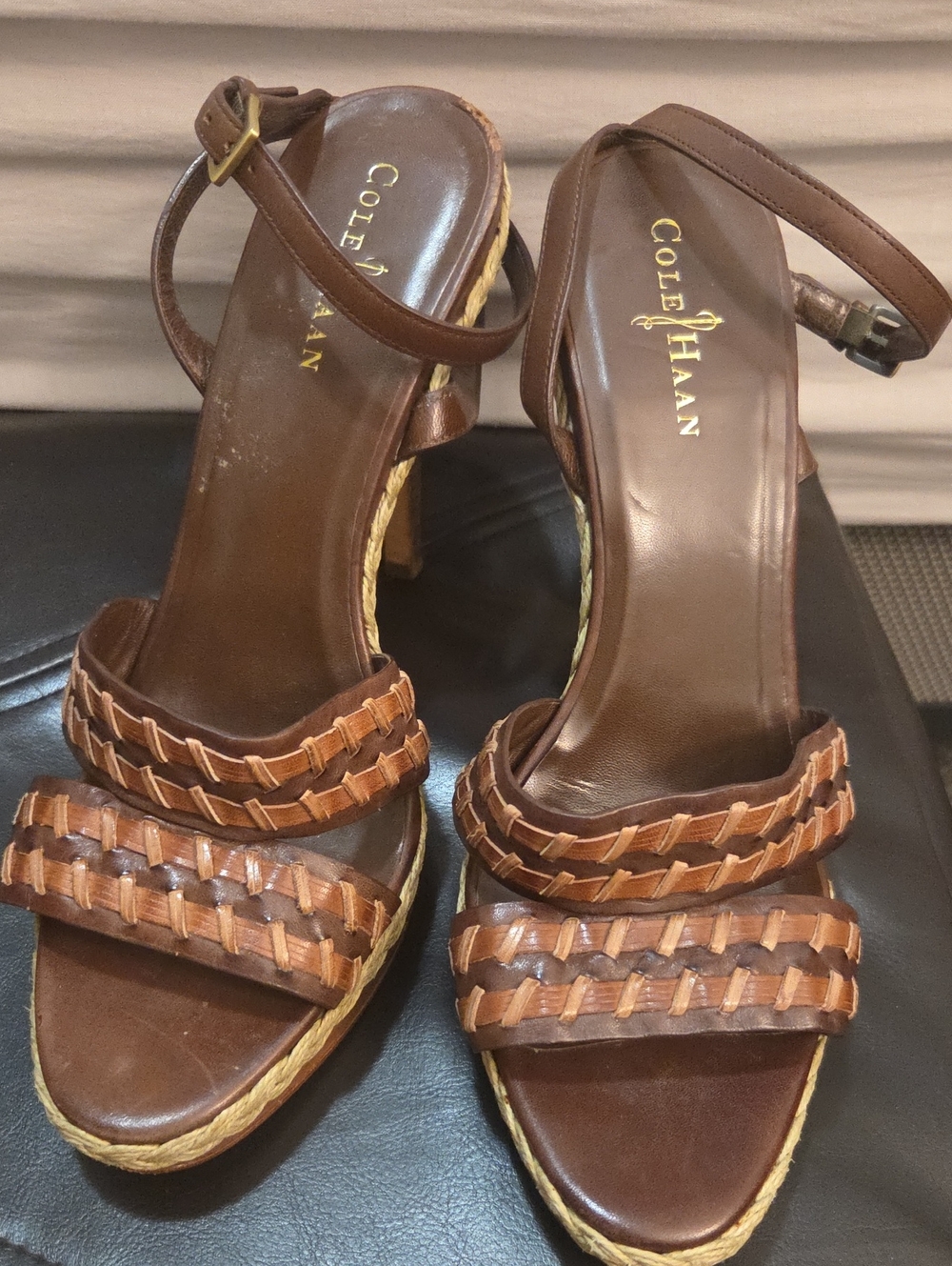 Cole Haan Vanessa Air Brown Woven Leather  Platform Sandals Ankle Strap Size 10